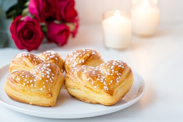 Romantic Heart Pastries with Powdered Sugar and Red Roses for Valentine’s Day