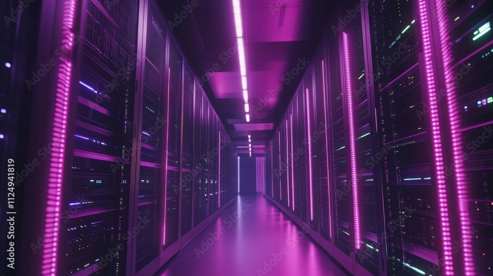 Poster high-tech data center with neon lighting modern architecture digital environment futuristic view tec