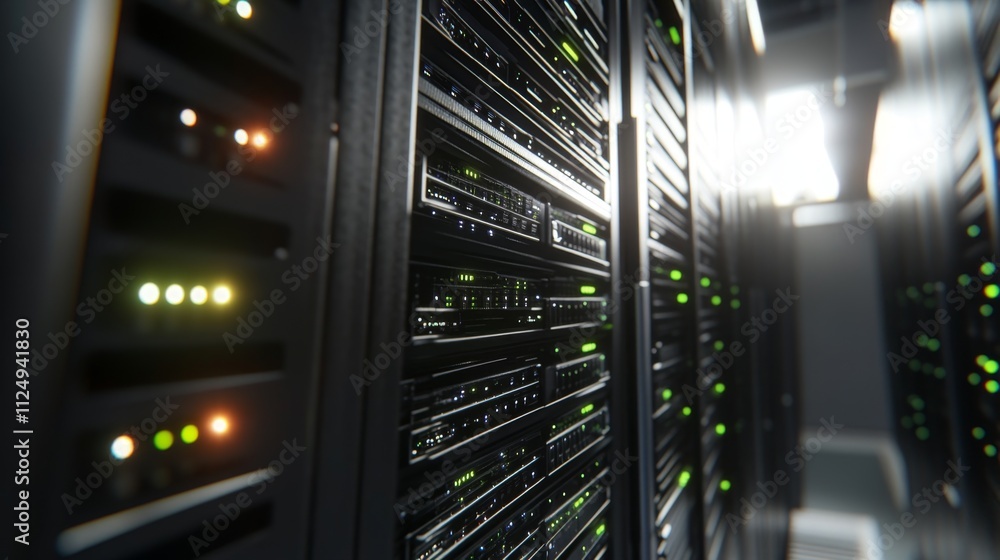 Poster data center infrastructure modern facility technology high-tech environment close-up view server man
