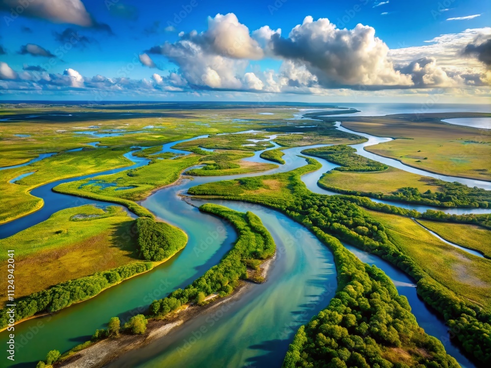 Poster captivating river delta animation with multiple channels flowing into the sea surrounded by lush veg