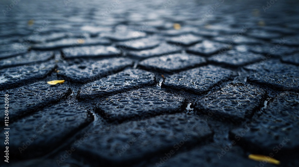 Poster Rain falling on dark paving stones creating textured background