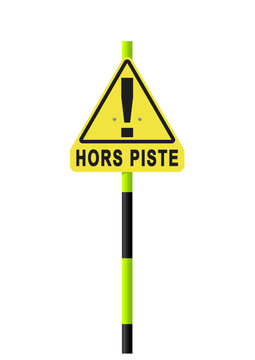 Panneau hors piste triangulaire jaune avec un point d'exclamation noir sur poteau noir et jaune en vectoriel