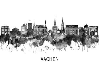 Obraz premium Aachen Germany Skyline BW, landscape watercolor abstract painting print poster Heilongjiang travel illustration urban art modern downtown landmarks