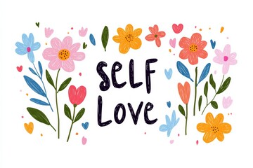 Self Love Inspirational Floral Illustration with Colorful Flowers and Hearts