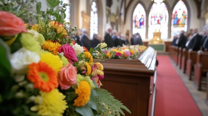Colorful Flower Arrangements at a Traditional Church Service with People