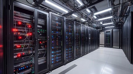 Data center operations technology hub server room high-tech environment internal perspective infrastructure management