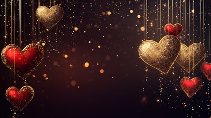 Valentines day card banner featuring delicate heart motifs in gold and red, Valentine background with hearts