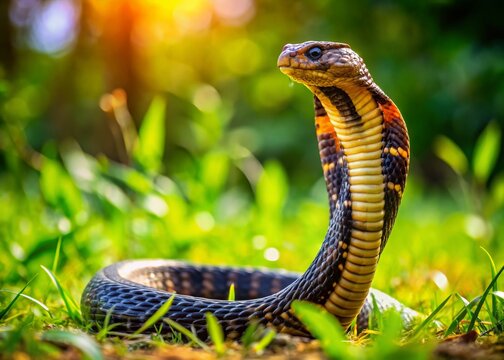 Captivating Scene of a Venomous Black Brown Banded Cobra - Naja fuxi in a Lush Green Grass Setting, Highlighting Its Danger and Beauty for Wildlife Enthusiasts and Nature Lovers