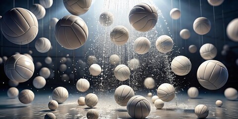 Captivating Scene of Falling Volleyballs Creating a Dynamic Background, Perfect for Sports Themes and Promotions, Evoking Energy and Movement in Every Frame