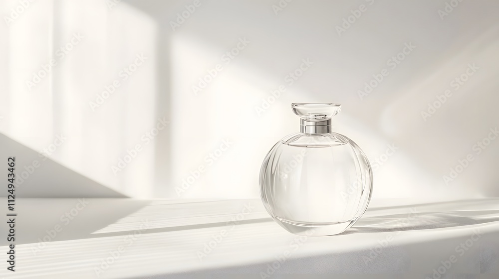 Poster a frosted glass perfume bottle on a pristine white surface, with soft light casting a subtle shadow.