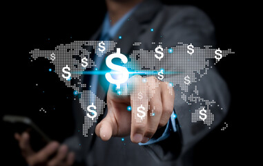 Businessman hand touching virtual sign of USD dollar with world map for currency exchange and money transfer..