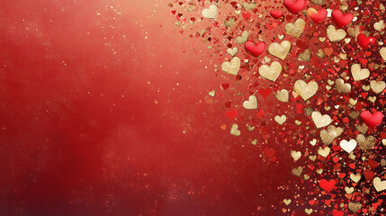 Valentines day card banner featuring delicate heart motifs in gold and red, Valentine red background with hearts