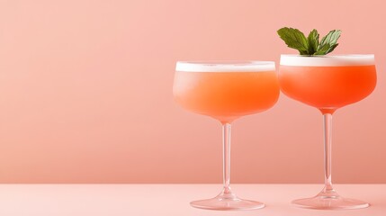 Fototapeta premium Refreshing Pink Cocktails in Elegant Glasses with Mint Garnish on Pastel Background
