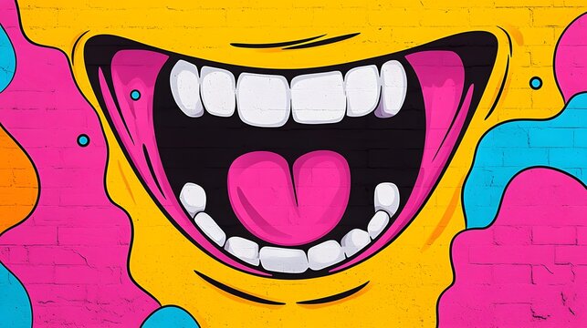 Vibrant and Exuberant Laughing Face Depicted in Colorful Street Art on a Bright Background. National Humor Month Concept