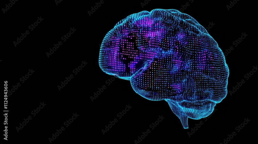 Aufkleber A glowing brain constructed from digital grids and binary code showcases advanced technology in a dark background, perfect for futuristic themes. Generative AI