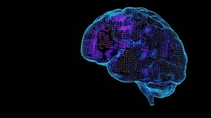 A glowing brain constructed from digital grids and binary code showcases advanced technology in a dark background, perfect for futuristic themes. Generative AI