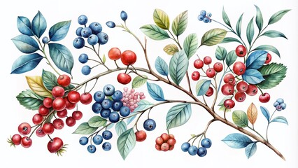 Captivating Set of Realistic Watercolor Botanical Illustrations Featuring Delicate Red and Blue Berries on Branches with Minimalist Aesthetic for Modern Decor