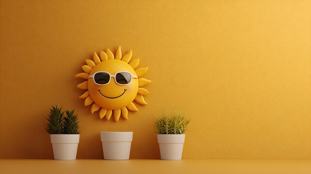 Cheerful Anthropomorphic Sun with Sunglasses Ignites a Bright Atmosphere Against a Yellow Background. National Humor Month Concept