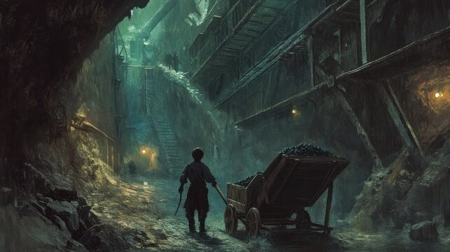A child laborer pushing a coal cart in a dimly lit mine shaft, steam-powered lift systems overhead, capturing the grittier side of early industrialization