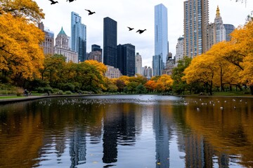 Naklejka premium A lively scene of ducks flying over a city park, with skyscrapers in the background and a pond below