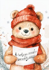 Watercolor Bear Singing Christmas Carol in Winter Scene