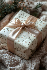 A gift wrapped in cream paper with a beige ribbon, resting on a fluffy beige blanket.