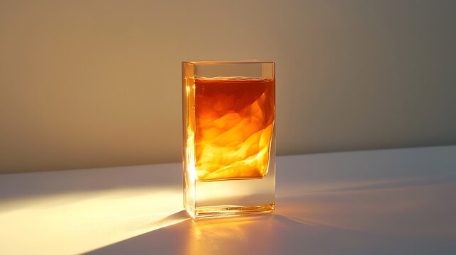 A rectangular glass perfume bottle filled with amber liquid, glowing under warm lighting on a clean white surface.