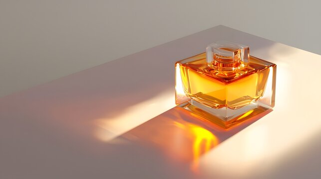 A rectangular glass perfume bottle filled with amber liquid, glowing under warm lighting on a clean white surface.