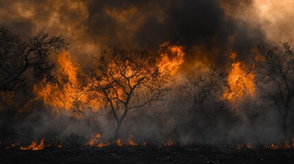 Fototapeta premium Wildfire devastation spreads across forested region nature's fury captured in dramatic imagery enveloping smoke and flames