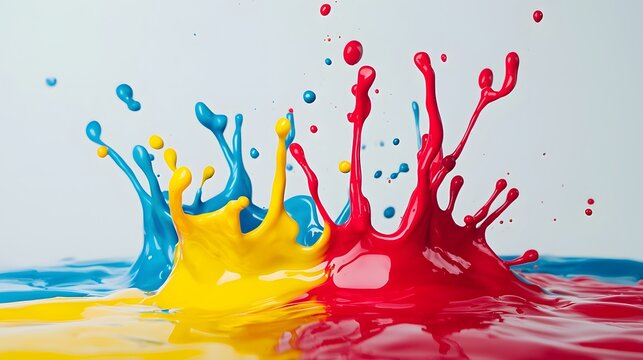 Chaotic splashes of primary colors against a white background, conveying playful energy.