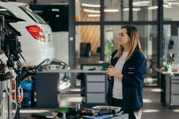 Female inspector checks the work of a mechanic in a car repair shop