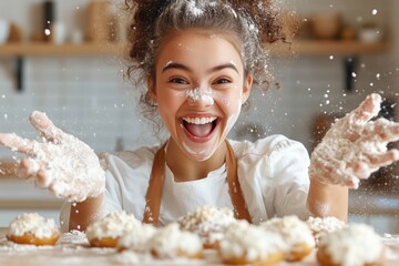 Happy young woman enjoys baking donuts in a light kitchen full of flour and mess created during the fun process