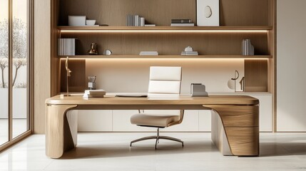 Modern minimalist home office with wooden desk, shelves, and white chair.