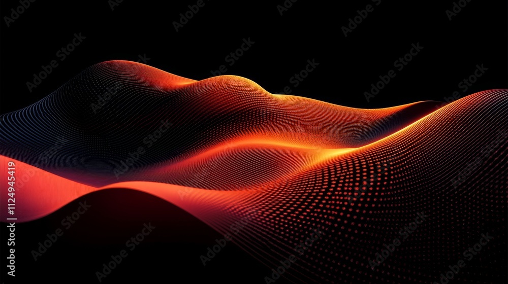 Poster abstract wave of binary code particles futuristic technology and science banner in orange and black