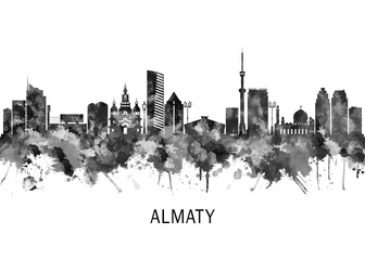 Fototapeta premium Almaty Kazakhstan Skyline BW, landscape watercolor abstract painting print poster Heilongjiang travel illustration urban art modern downtown landmarks
