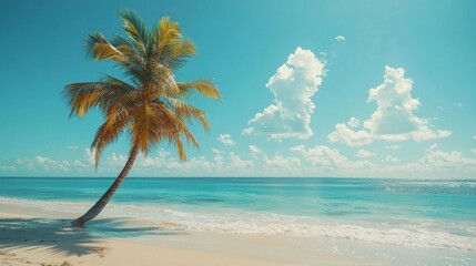 Fototapeta premium Golden sands stretch beneath a vibrant palm tree swaying gently in the warm breeze, meeting sparkling turquoise waves under a bright summer sky filled with fluffy clouds