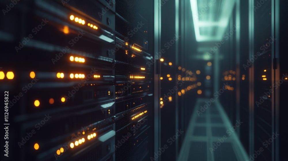 Poster data center operations server room digital infrastructure high-tech environment close-up view techno