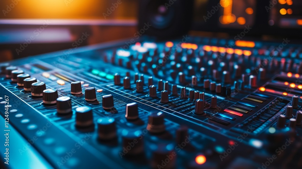 Poster music production session in a professional studio close-up of mixing console modern technology envir