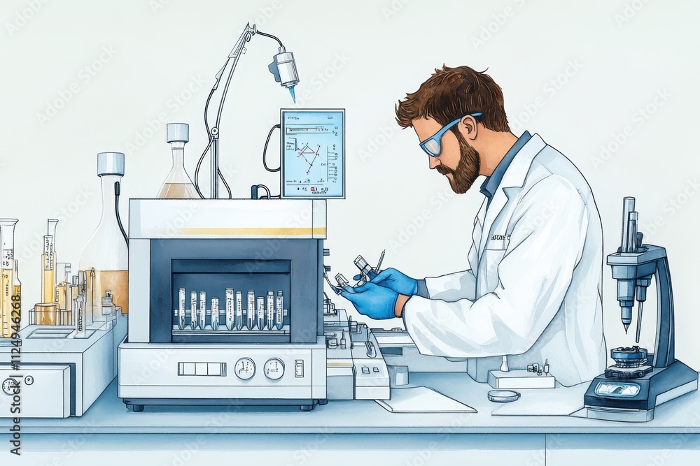 Poster a scientist in a lab coat performs experiments with lab equipment, showcasing a modern laboratory se