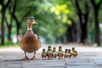 A mother duck leading a line of fluffy ducklings across a park path, with soft light filtering through trees