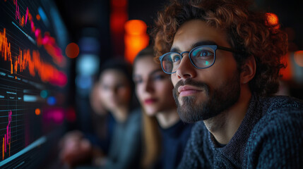 Data Driven Decisions: A team of focused professionals intently study a screen displaying a complex array of data charts and graphs.