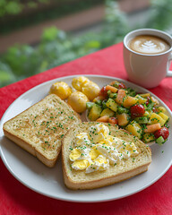 Delicious breakfast heart-shaped toast, scrambled eggs, fruit salad, and coffee.