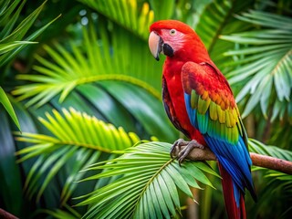 Captivating Red and Green Macaw Perched Elegantly Among Lush Greenery in a Tropical Paradise, Showcasing its Vibrant Feathers and Natural Habitat with Stunning Detail