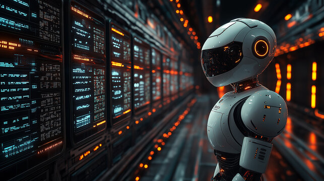 Robot in futuristic server room 