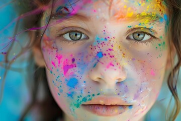 the young girl holi paint on  face