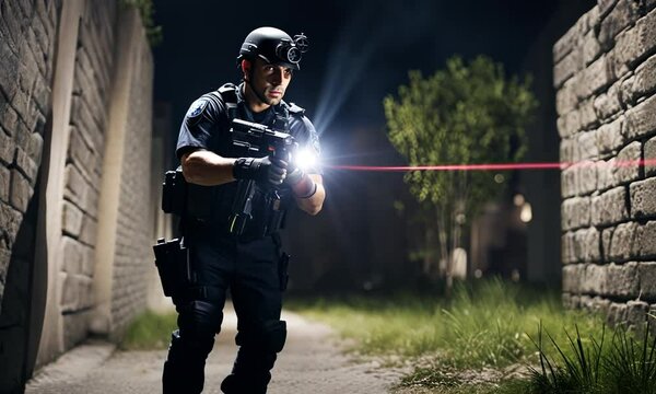 A tactical officer uses a flashlight and laser sight in a nighttime operation.