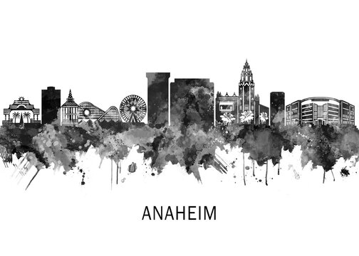 Anaheim California Skyline BW, landscape watercolor abstract painting print poster Heilongjiang travel illustration urban art modern downtown landmarks