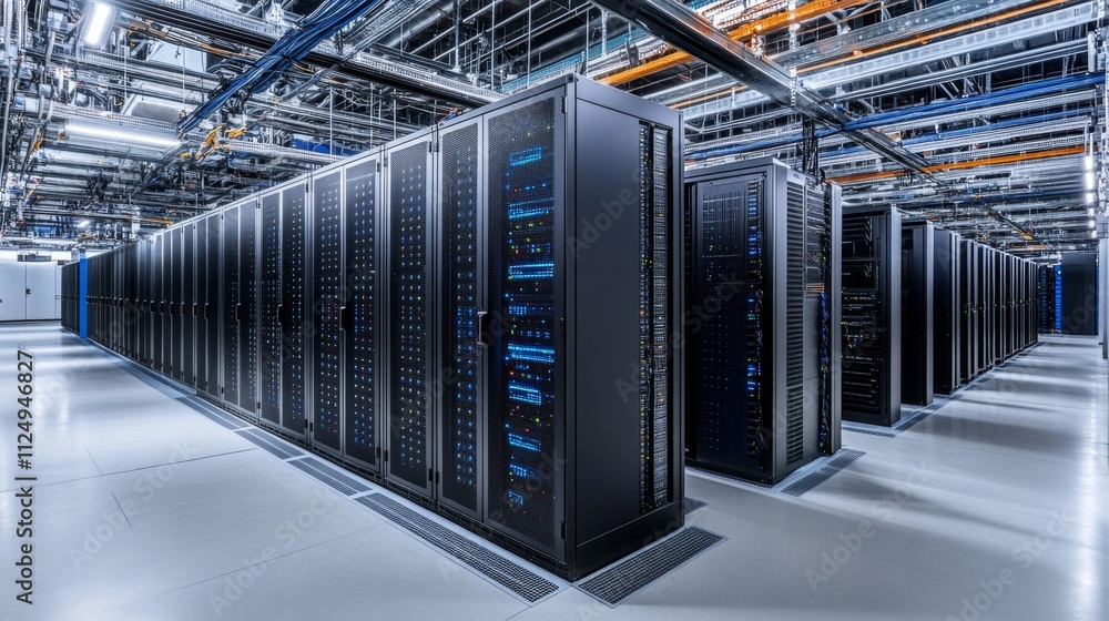 Poster data center operations modern facility infrastructure management high-tech environment wide-angle pe
