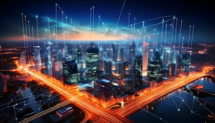 Naklejka premium Smart City and Communication Network Concept: IoT (Internet of Things) and ICT (Information Communication Technology)