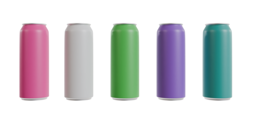 Aluminium bottles for drinks without logo (mock up) in different colors isolated on a white background, front view